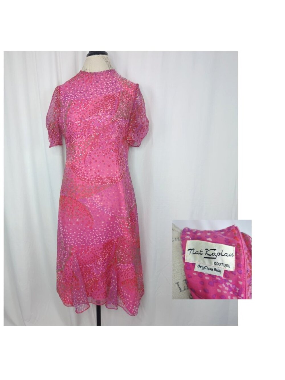 Vintage 70s Nat Kaplan Dress Medium Pink Rhinestone